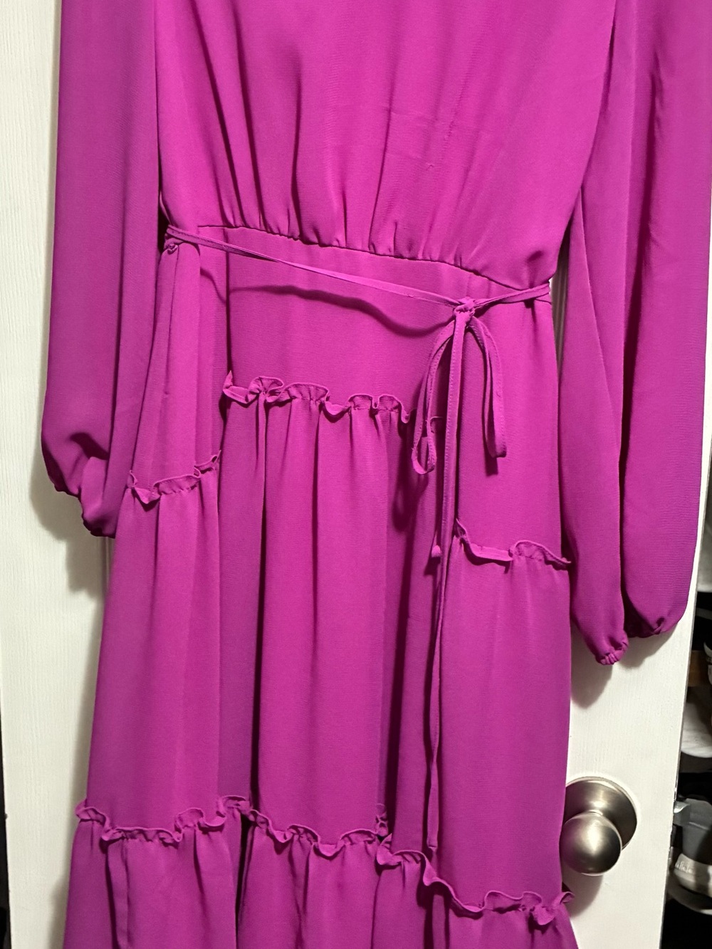 Magenta Long Sleeve Tiered Maxi Dress with Tie Waist